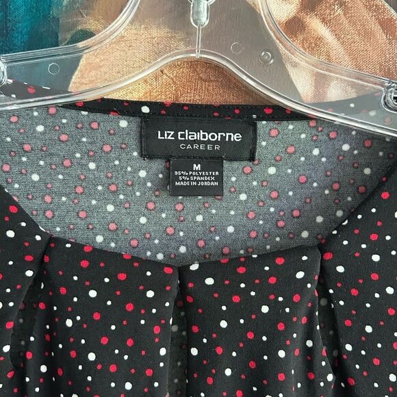 Liz Claiborne Women’s Size Medium Black White Dotted Keyhole Pullover Blouse - Picture 3 of 14
